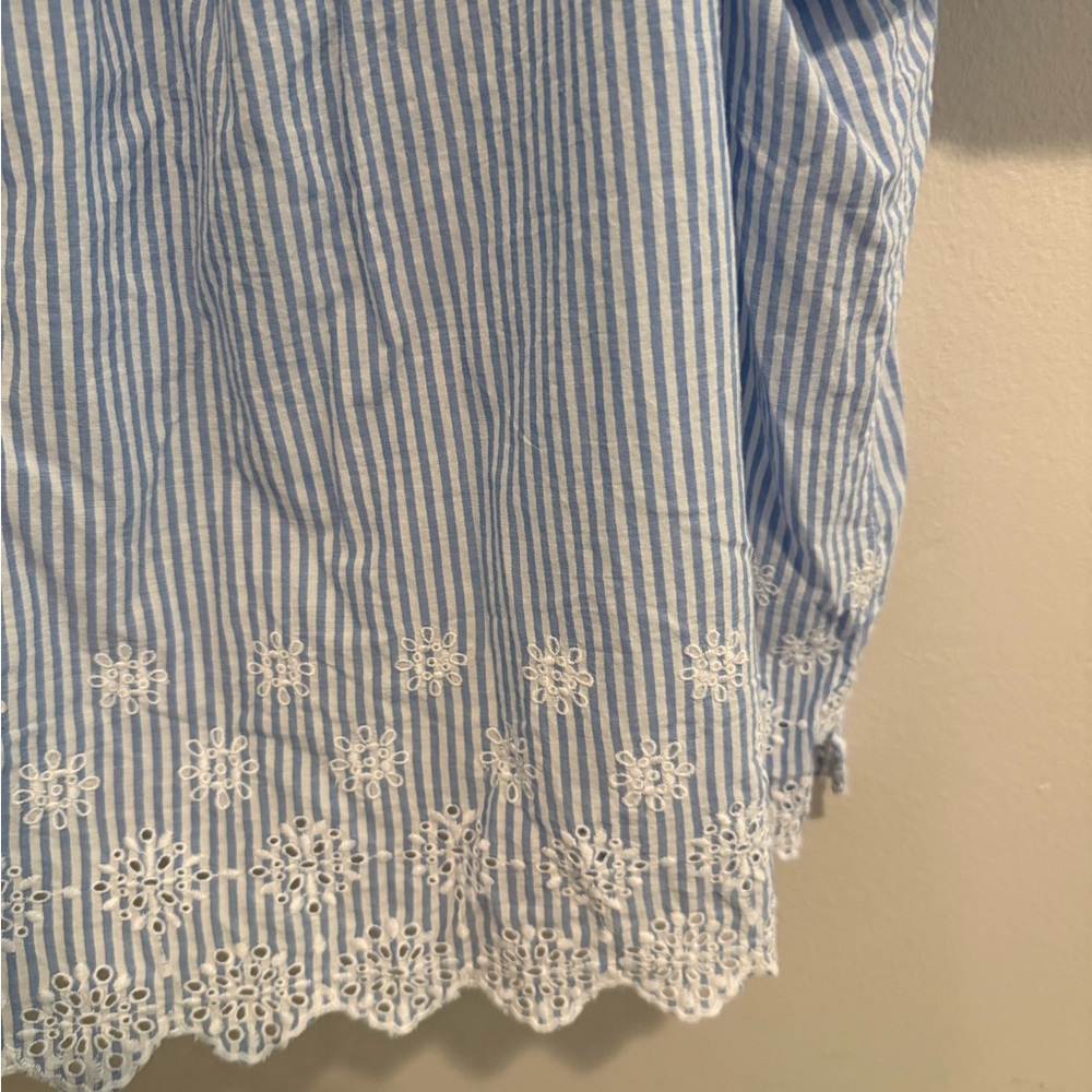 Loft Blue White Stripe Square Neck Flutter Sleeve Embroidered Eyelet Detail XL - Picture 2 of 11